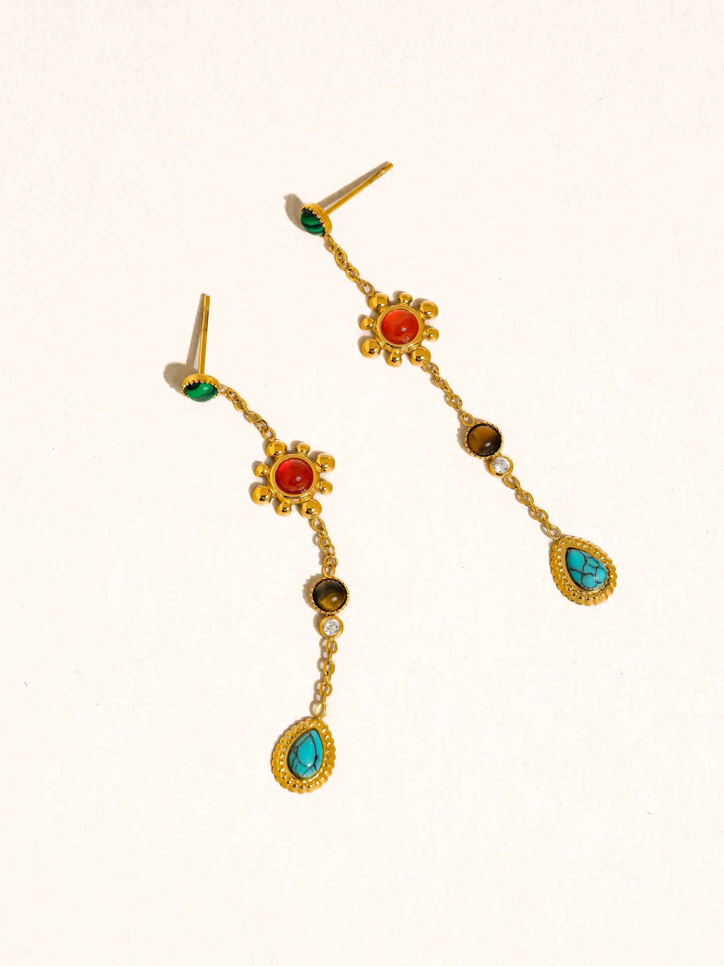 Bellevie 18K Gold Non-Tarnish Boho Gemstone Drop Earrings: Multi-Colored