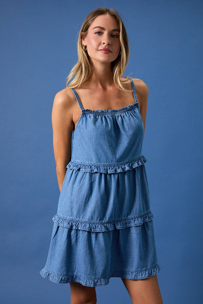 Baylor Sleeveless Ruffle Denim Mini Dress