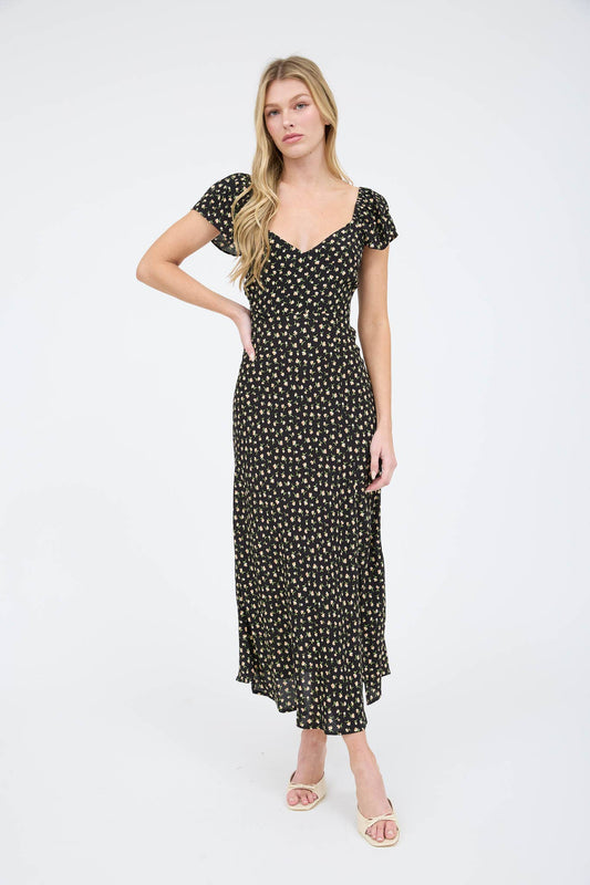 Winnie Floral Short Sleeve Side Slit Midi Dress: Black