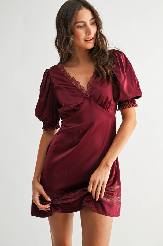 Blair Satin Lace-Trim Mini Dress: Burgundy
