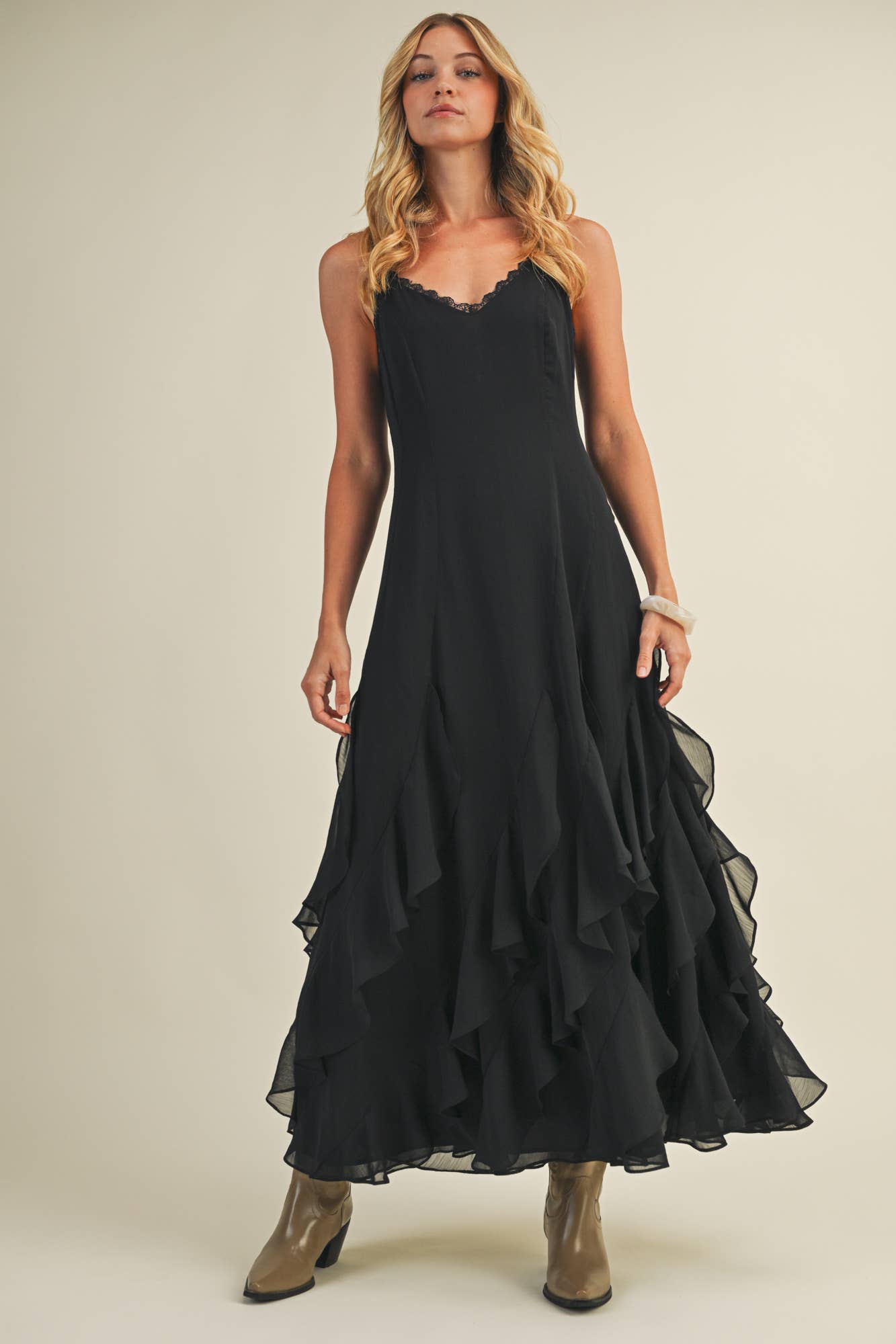 Lace V-Neck Cascading Ruffle Dress: Black / S