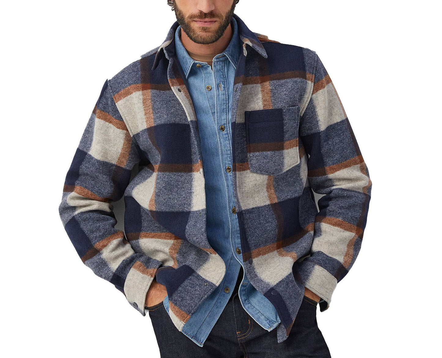 Parker Plaid Shacket with Patch Pocket: Navy
