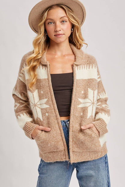 Fair Isle Fuzzy Knit Front Zipper Cardigan: Latte Combo