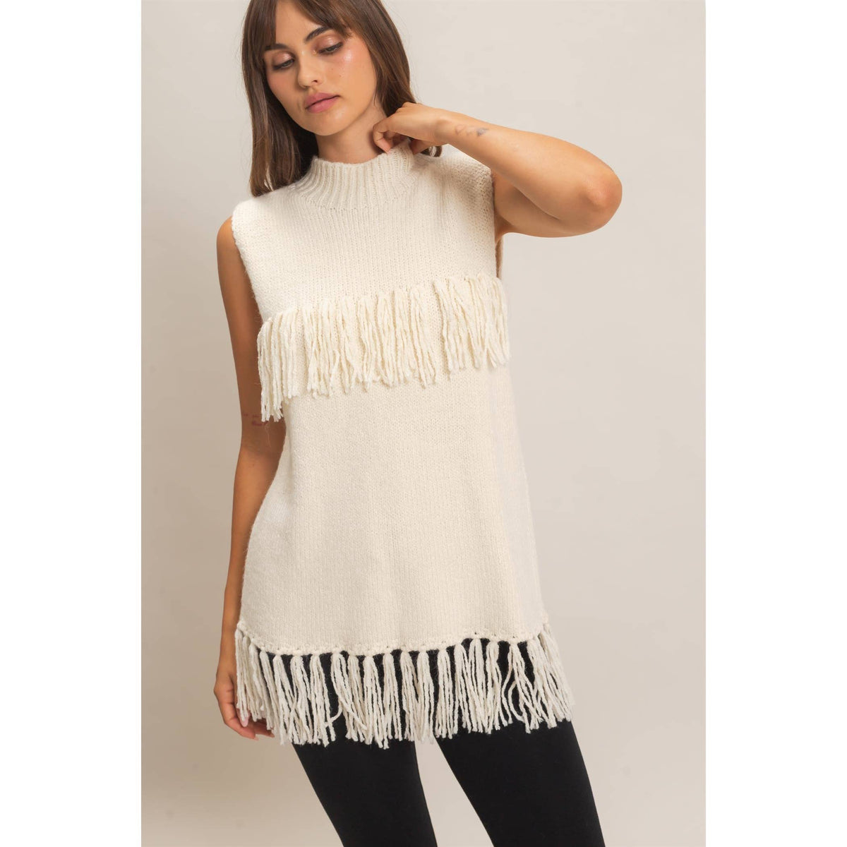 Fringe Turtleneck Sweater Vest: BROWN / S-M-L(2-2-2)