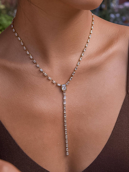 Cieline 18K Gold Non-Tarnish CZ Lariat Necklace: Yellow Gold