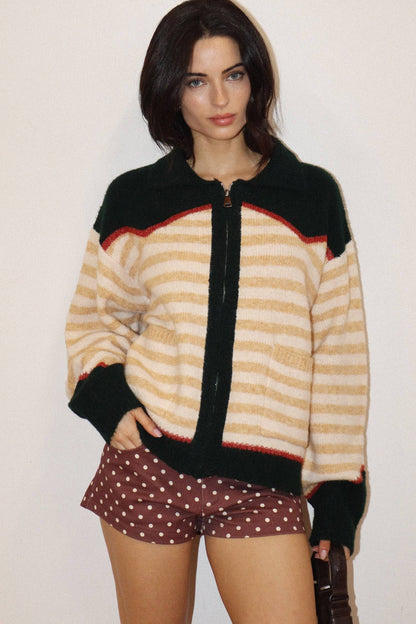 Ryder Stripe Horse Zip Knit Sweater: Forest Green