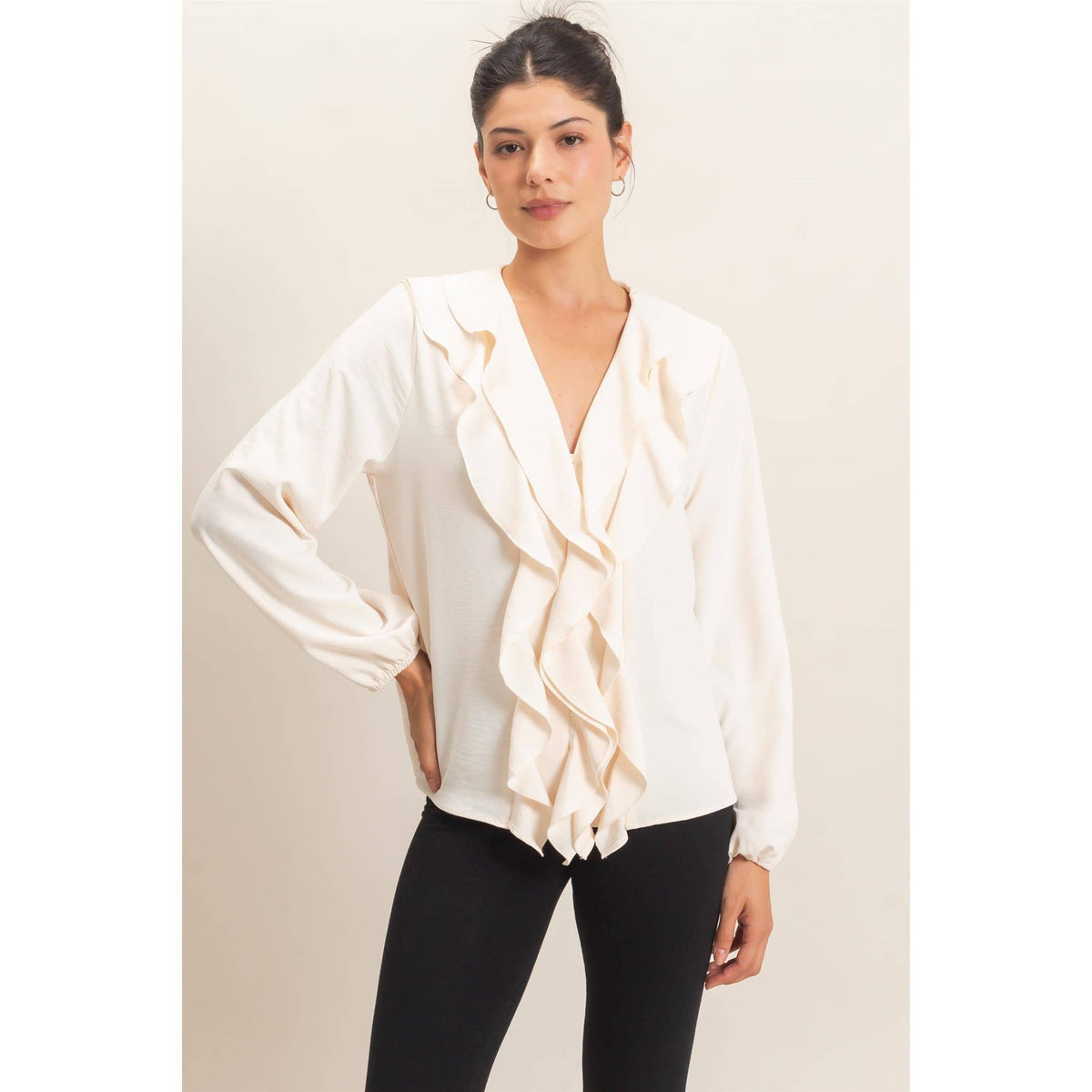 Ruffled V-Neck Button-Up Blouse: TEAL / S-M-L(2-2-2)