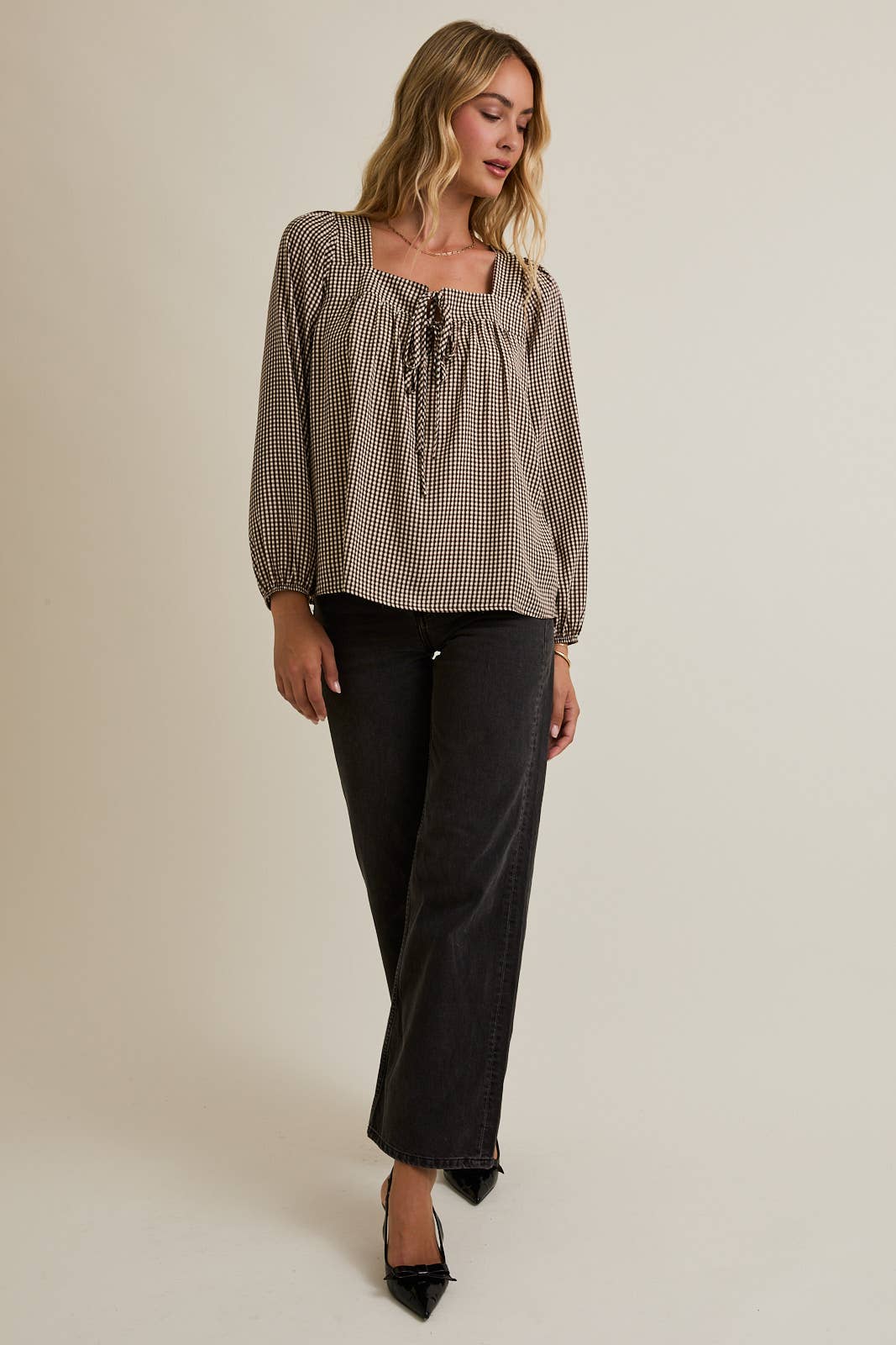 Maggie Square Neck Front Tie Long Sleeve Check Top: Brown Cream