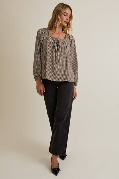 Maggie Square Neck Front Tie Long Sleeve Check Top: Brown Cream