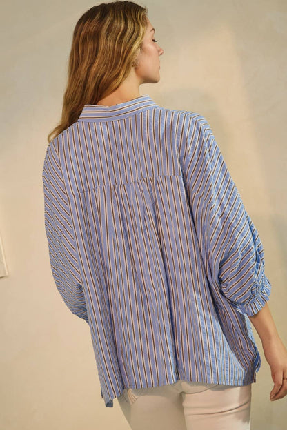 Bay Striped Button Down Oversized Shirts: Denim Blue Stripe