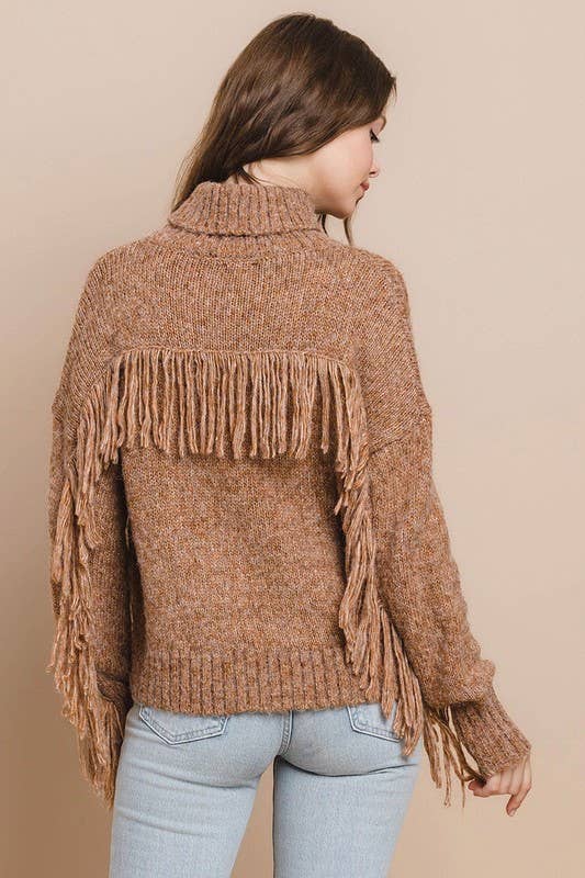 Gilded Knit Fringe Detail Turtle Neckline Sweater: CAMEL