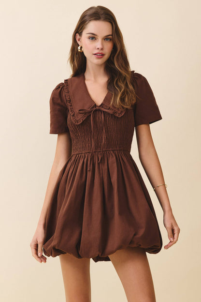 Lila Short Puff Sleeve Shirred Bodice Bubble Dress: Brown
