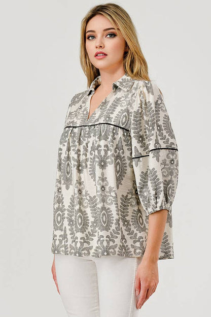 Mellie Toile Print Contrast Seam Black Top Blouse