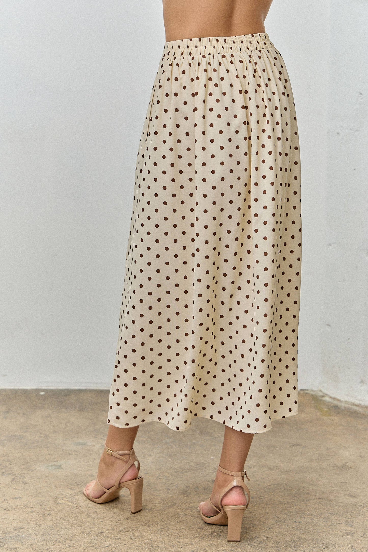 Chestnut Classic Polka Dot Flowing Midi Skirt: CREAM/BROWN