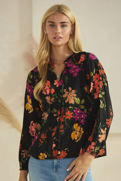 Floral Printed Long Sleeve Blouse: Black Multi