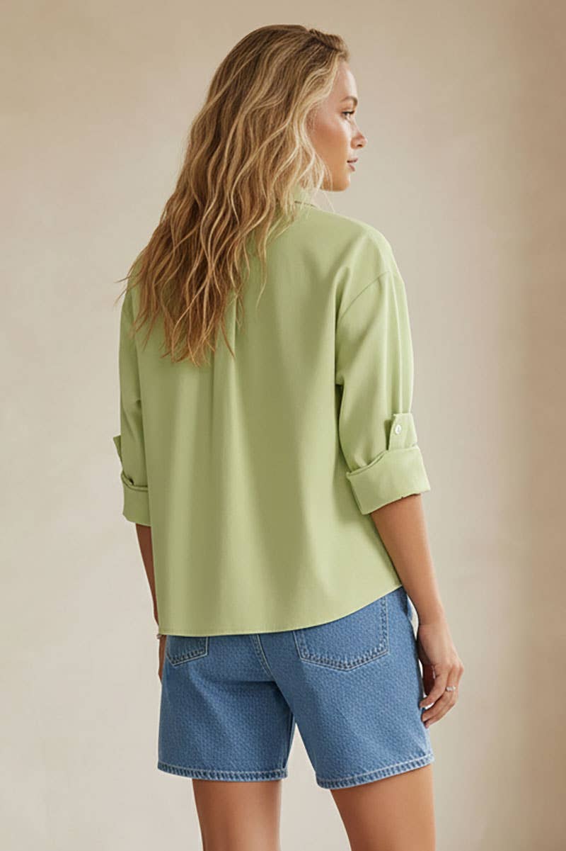 Carrie Rolled Sleeve Button Up Blouse: Sage Green