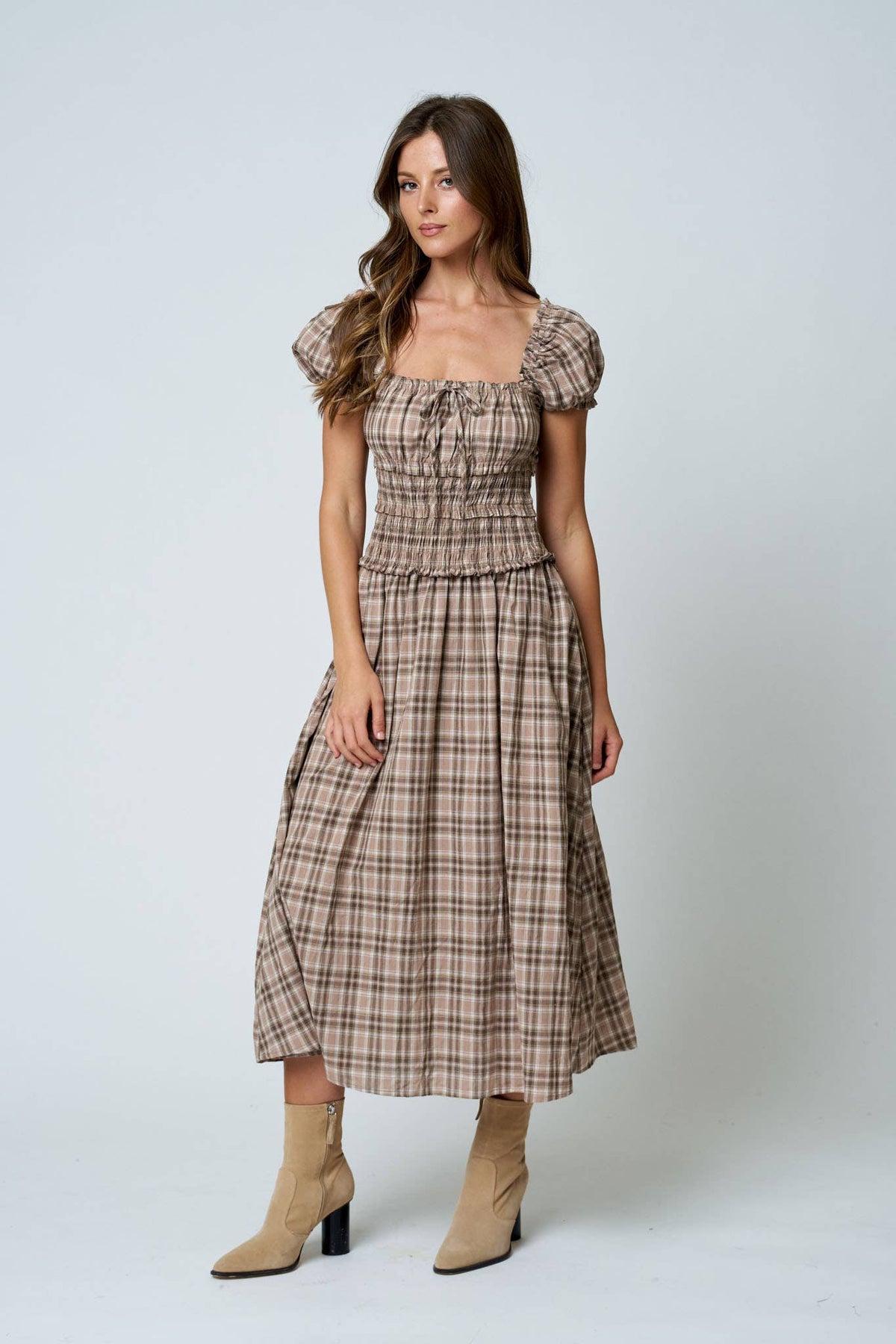 Maisie Plaid Puff Sleeve Smocked Waist A-Line Midi Dress: Khaki