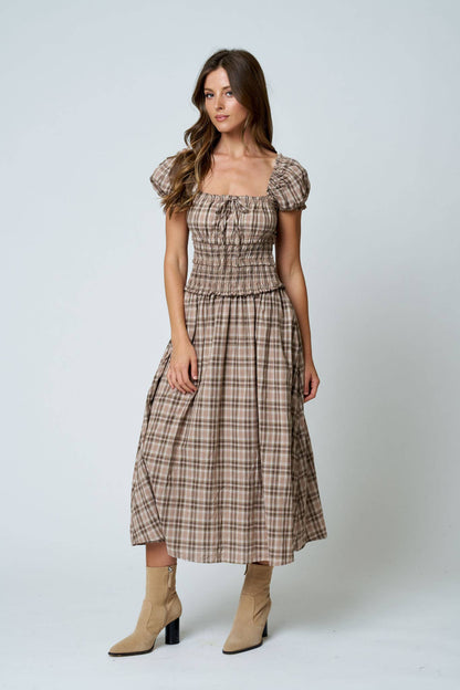 Maisie Plaid Puff Sleeve Smocked Waist A-Line Midi Dress: Khaki