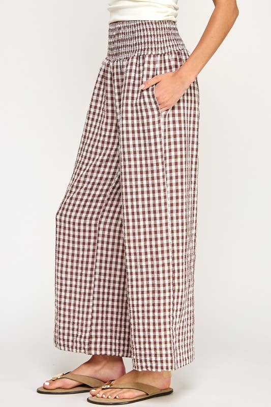 The Ginny Gingham Wide Leg Linen Pants: Mocha Brown