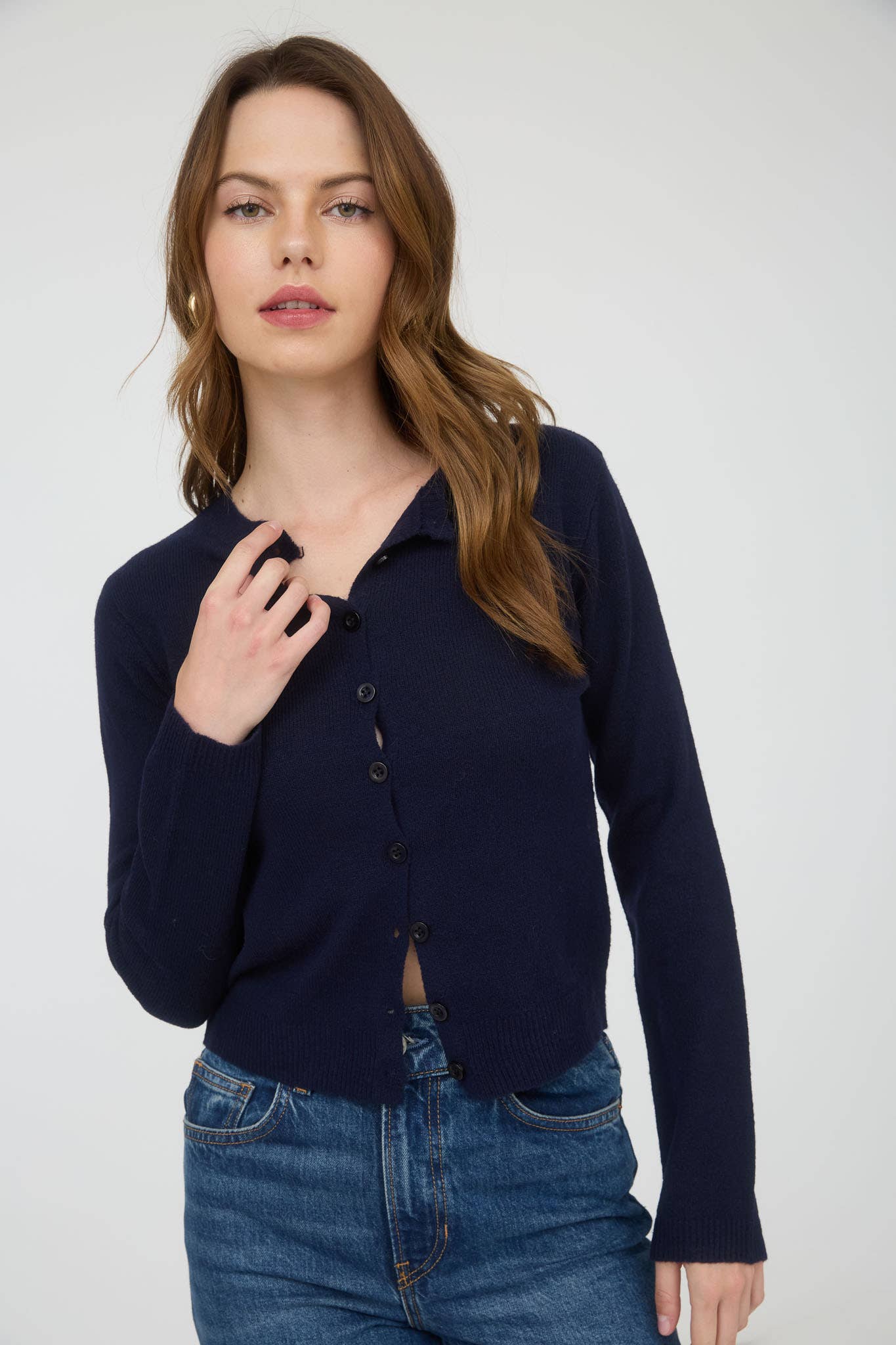 Cecilia Round Neck Button Down Long Sleeve Cardigan: Navy