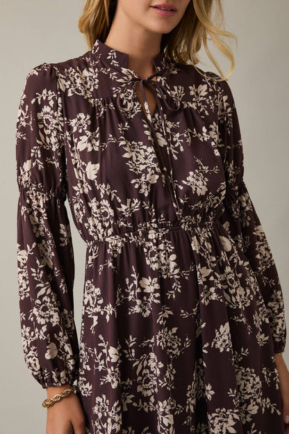 November Notch Neck Front Tie Puff Long Sleeve Floral Mini Dress: Brown Cream Floral