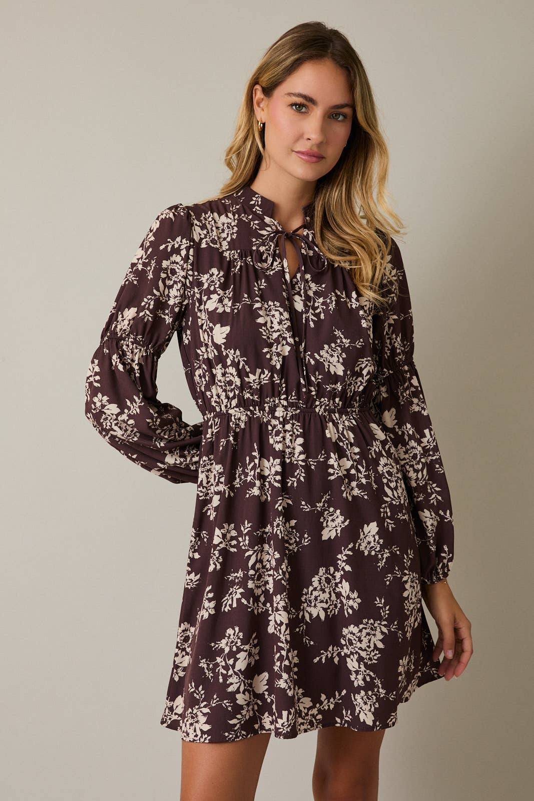 November Notch Neck Front Tie Puff Long Sleeve Floral Mini Dress: Brown Cream Floral