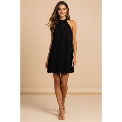 Ames Pleated High-neck Dress: Black