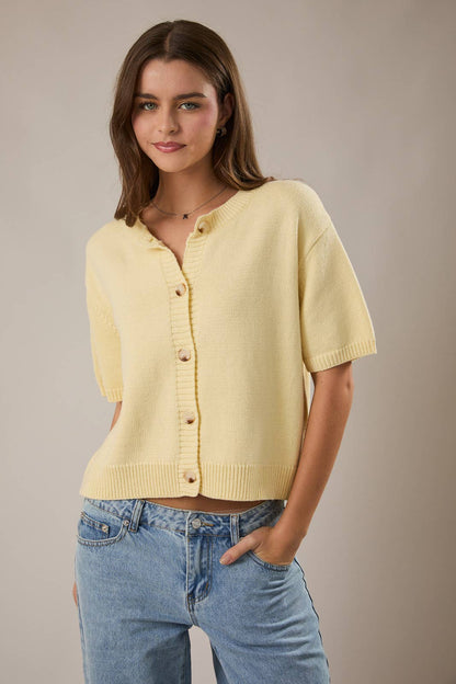 Butter Short Sleeve Sweater Cardigan: Lt Yellow