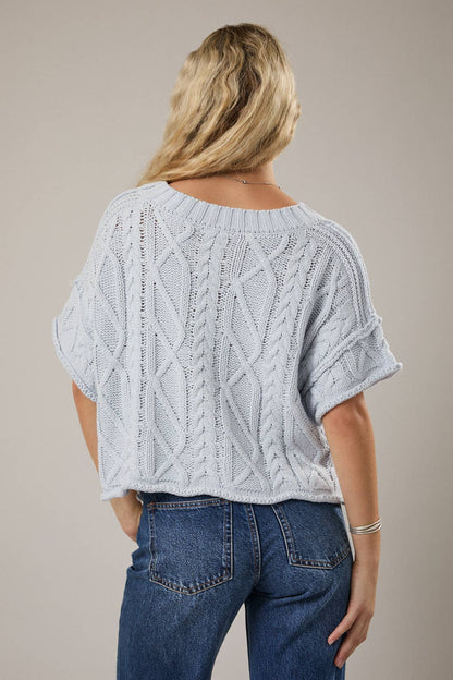 Sky Round Neck Short Sleeve Cable Knit Sweater Top: Lt Blue
