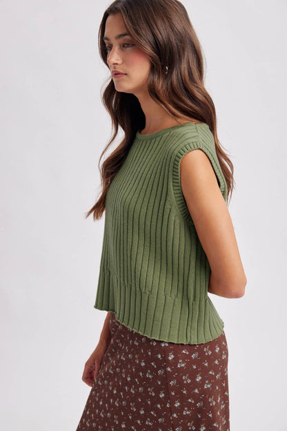 Laurel Sleeveless Crew Neck Ribbed Sweater Vest: Dusty Olive