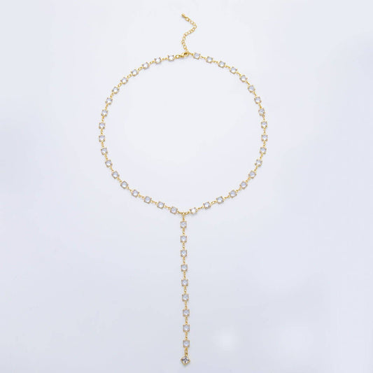 18K Gold Filled 5.7mm Clear, Multicolor Square CZ Chain 19 Inch Lariat Necklace w. Extender: Clear