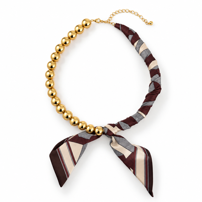 Golden Bead Scarf-Tie Necklace: Brown