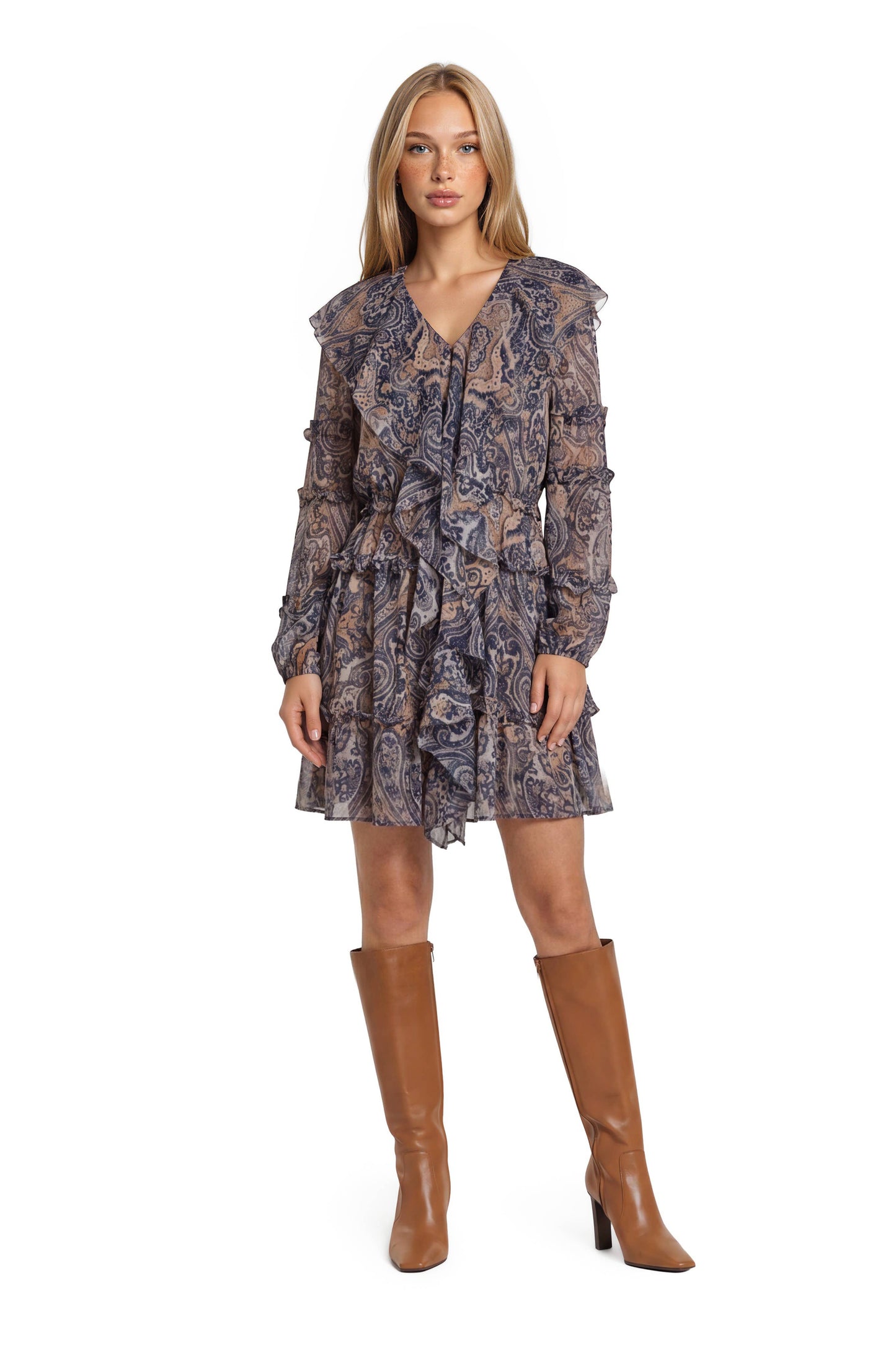 RUFFLE MINI DRESS-NAVY MULTI