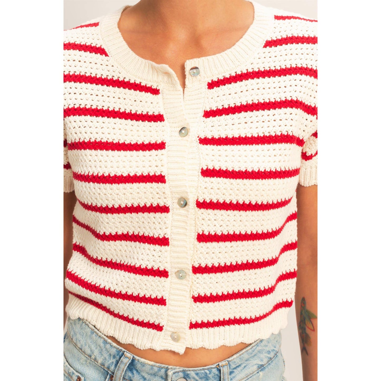 Newport Striped Short Sleeve Cardigan With Scallop Edge: RED