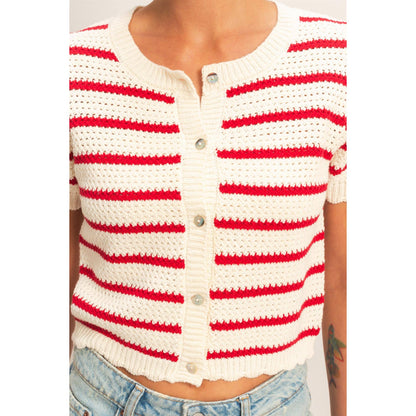 Newport Striped Short Sleeve Cardigan With Scallop Edge: RED