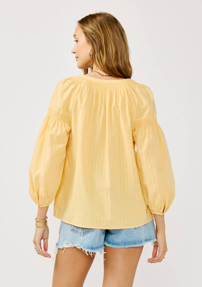 Yellow Jackets 3/4 Sleeve Smocked Henley Blouse: Yellow