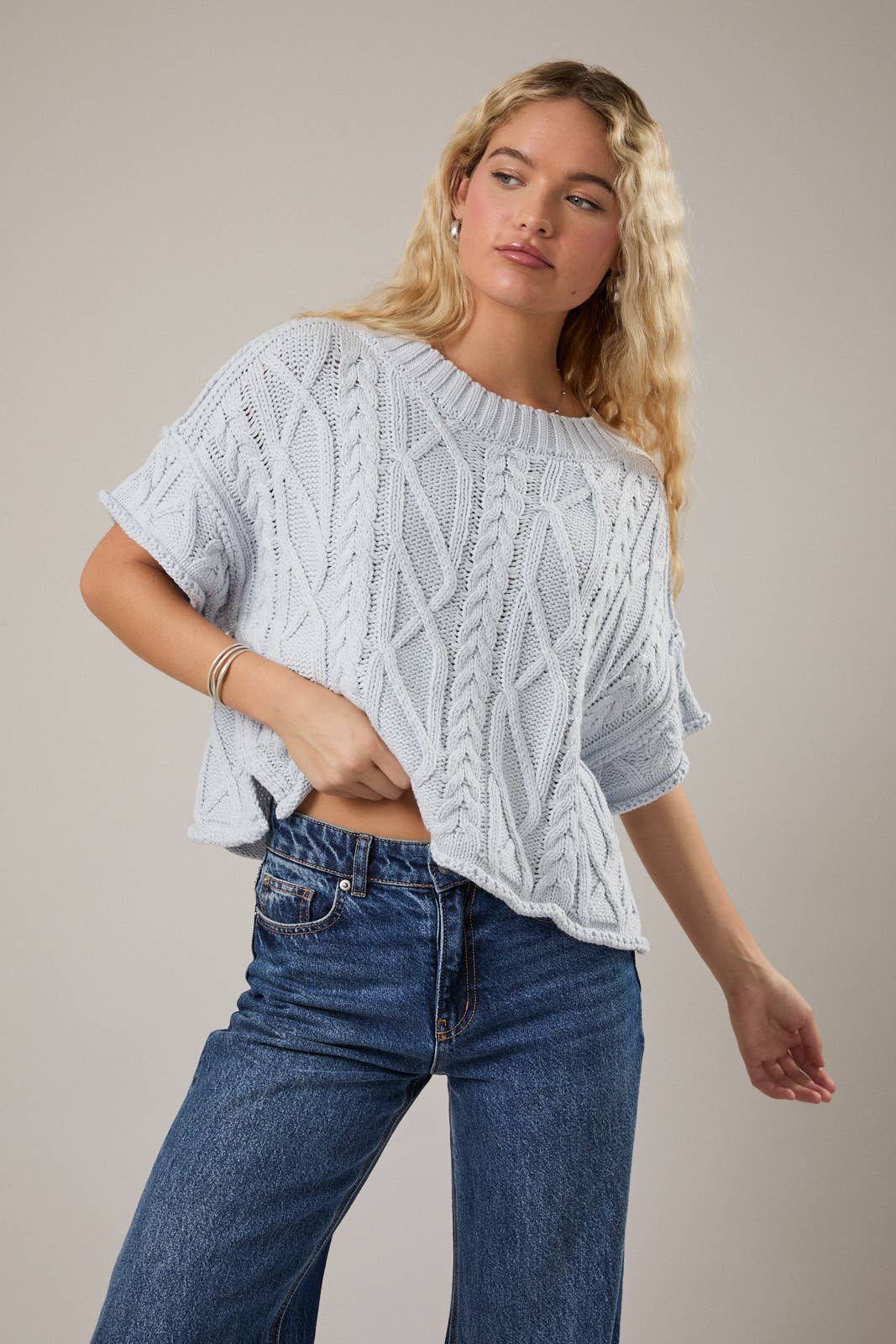 Sky Round Neck Short Sleeve Cable Knit Sweater Top: Lt Blue