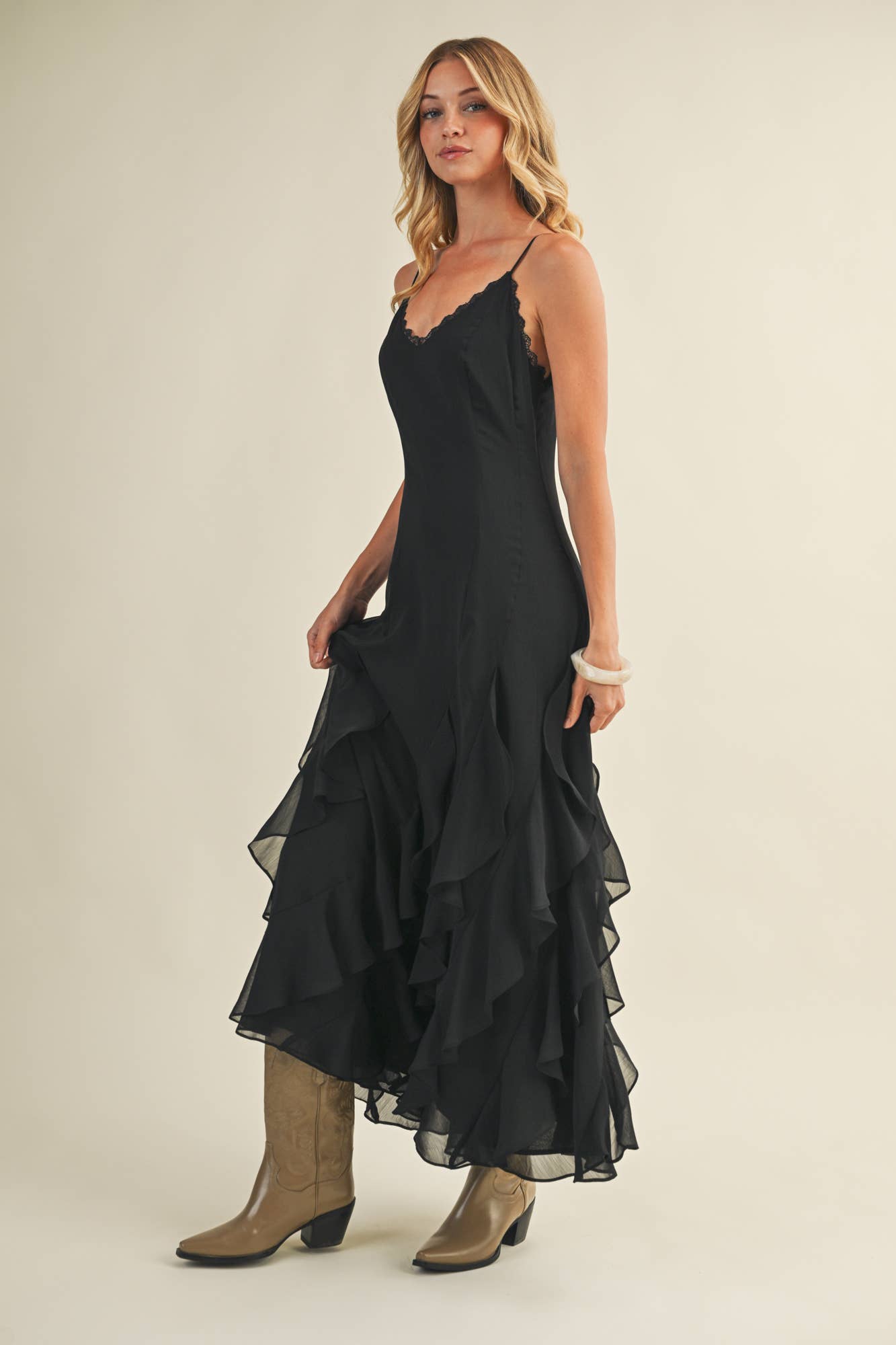 Lace V-Neck Cascading Ruffle Dress: Black / S
