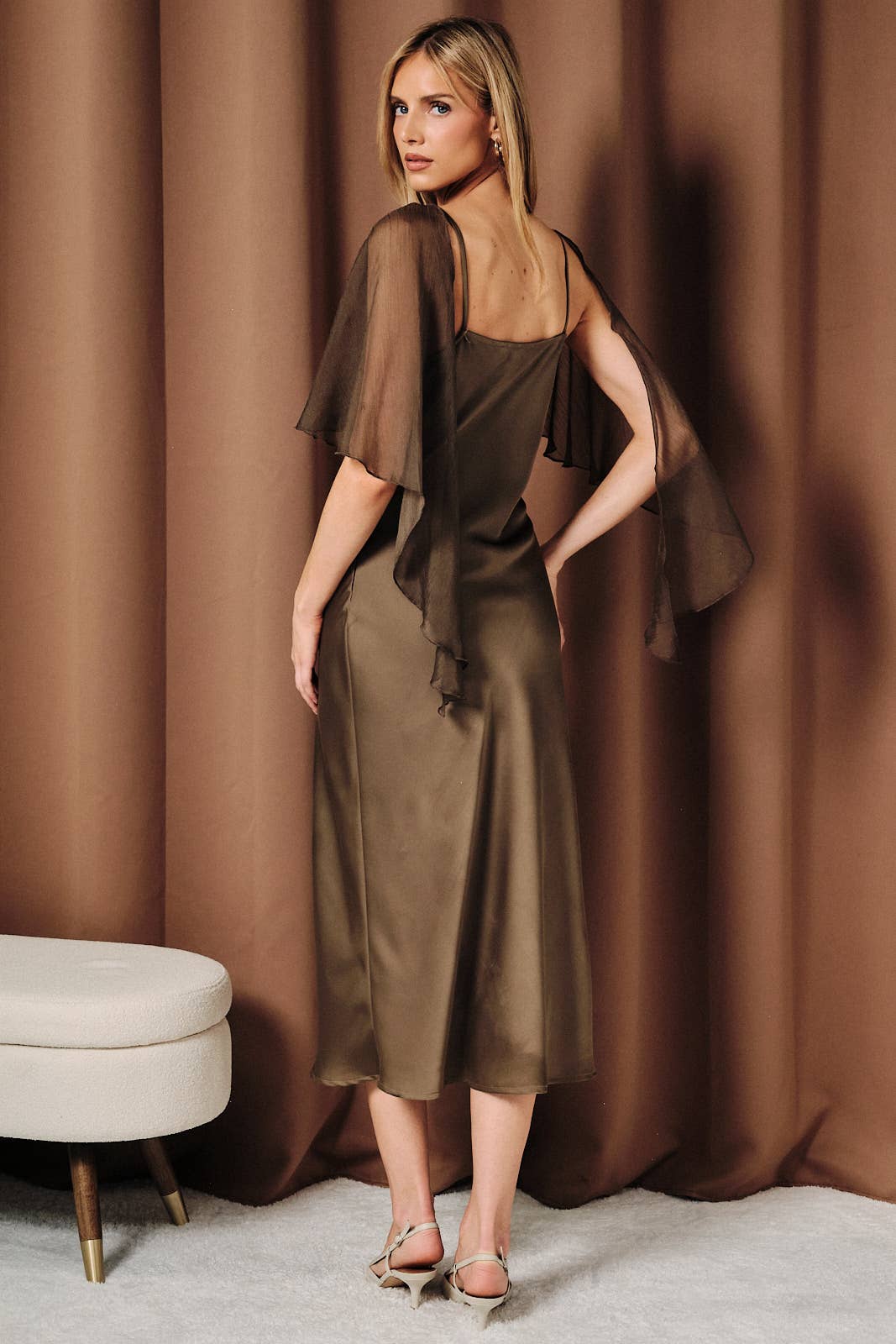 Rosalind Boat Neck Chiffon Cape Satin Midi Dress: Olive