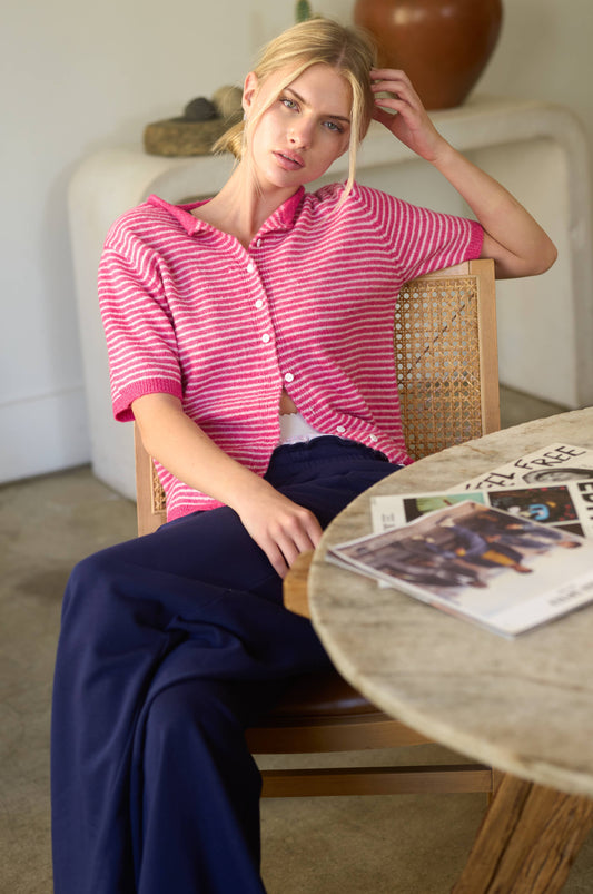 Mae Striped Short Sleeve Button Cardigan: Hot Pink