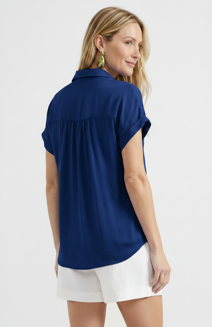 Petra V-Neck Cuffed Short Sleeve Button-Down Blouse: Navy