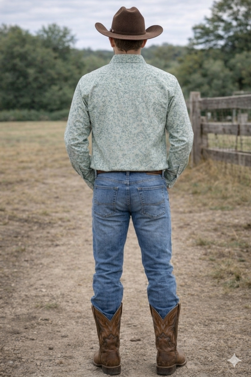 Men's Premium Cotton Western Pearl Snaps Long Sleeves Shirts with Stretch ML-26: Seafoam Blue