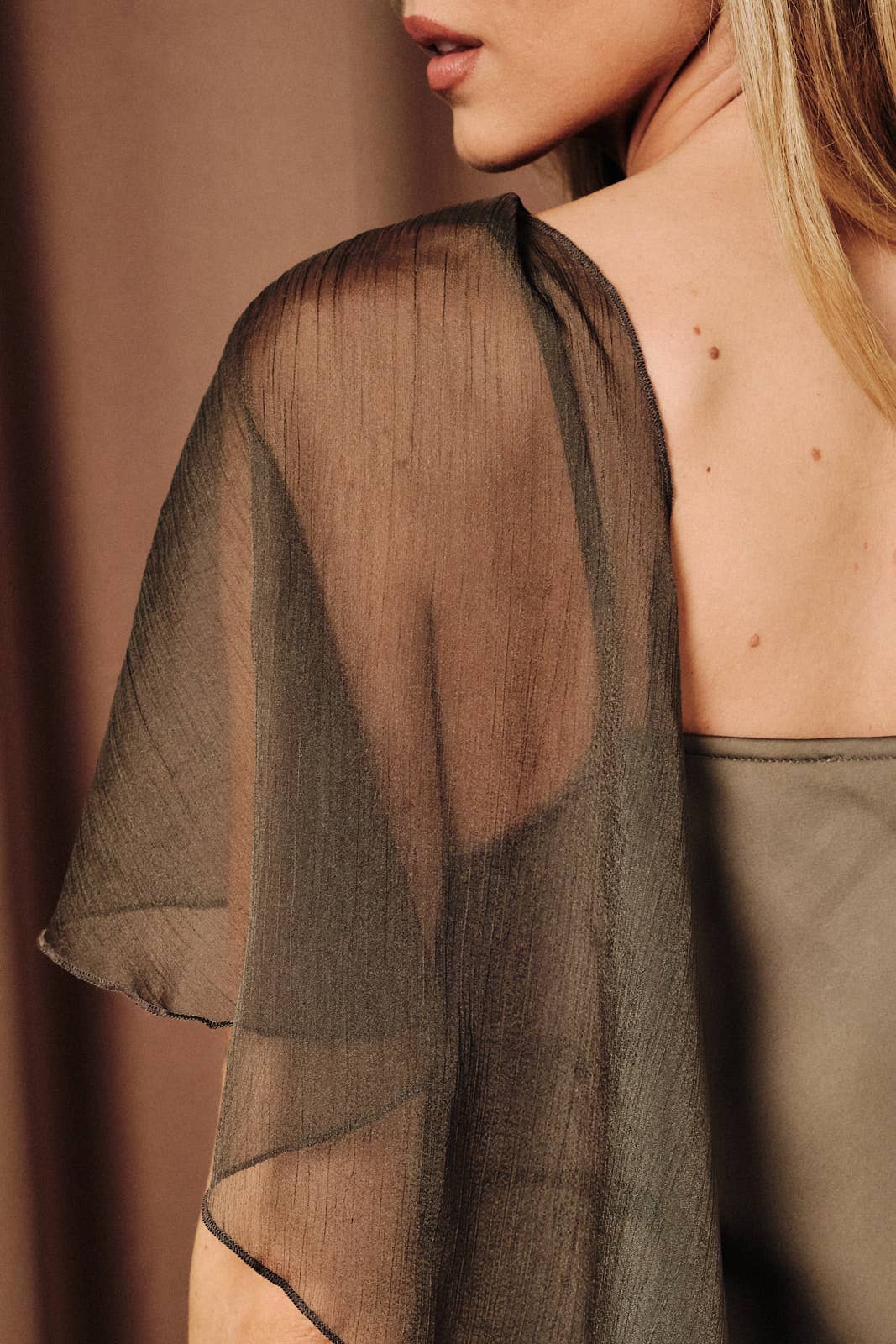 Rosalind Boat Neck Chiffon Cape Satin Midi Dress: Olive