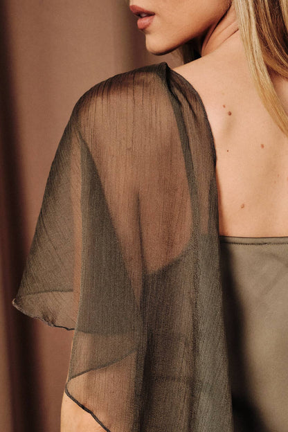 Rosalind Boat Neck Chiffon Cape Satin Midi Dress: Olive