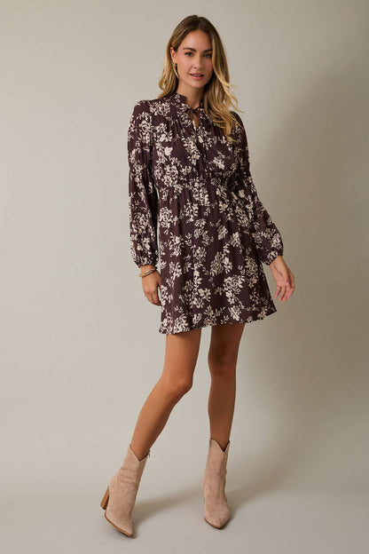 November Notch Neck Front Tie Puff Long Sleeve Floral Mini Dress: Brown Cream Floral