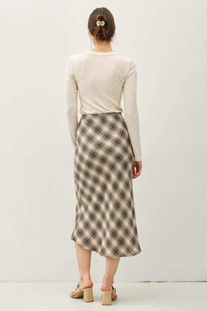 Marnie Tartan Plaid Flowy Midi Skirt: Charcoal
