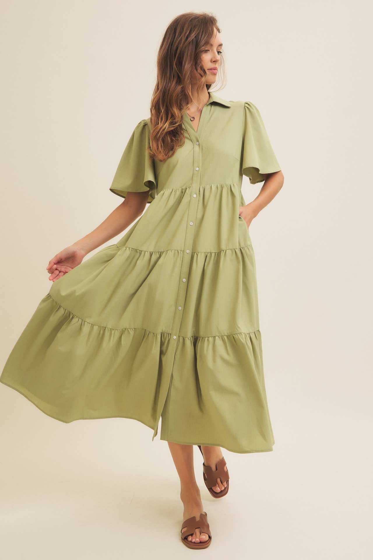 Savannah Flutter Sleeved Button-Down Shirt Midi Dress: Lt Olive