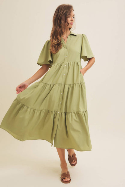 Savannah Flutter Sleeved Button-Down Shirt Midi Dress: Lt Olive