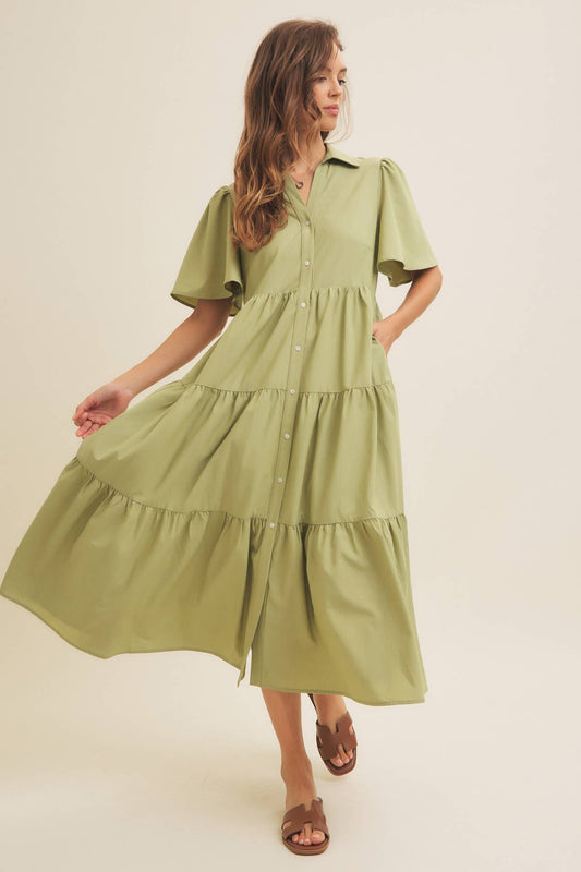 Savannah Flutter Sleeved Button-Down Shirt Midi Dress: Lt Olive