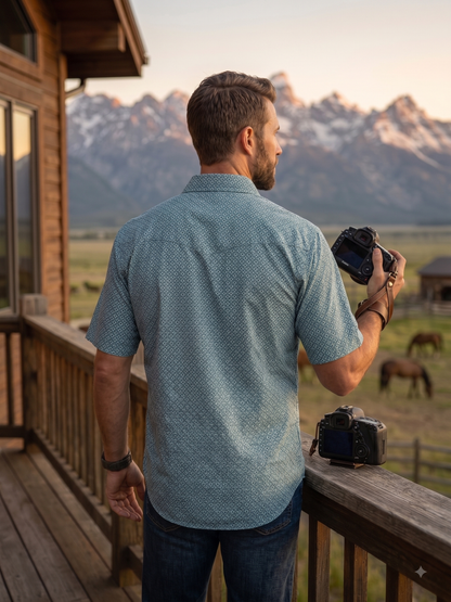 Teton Short-Sleeve Snap Shirt: Teal Geo